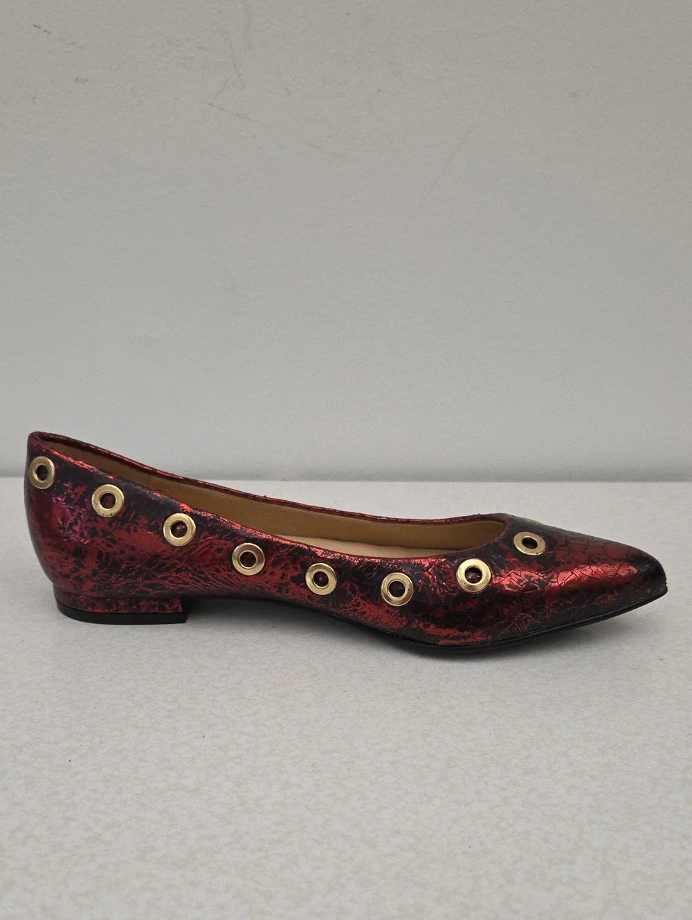 French Sole NY Red Metallic Gold Grommet Ballet Flats, 6B